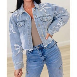 Women's Peach Love Light Blue Jean Jacket with White Bows, Size L